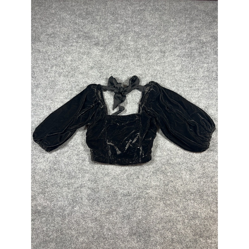Free People Marie Velvet Open Back Cropped Top Womens Small Black Puff Sleeve